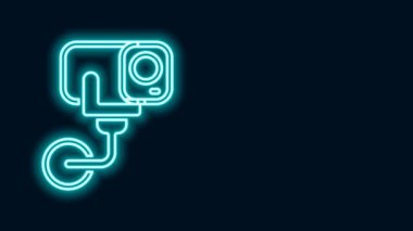 Parlayan neon hat kamera ikonu siyah arkaplanda izole edildi. 4K Video hareketli grafik canlandırması