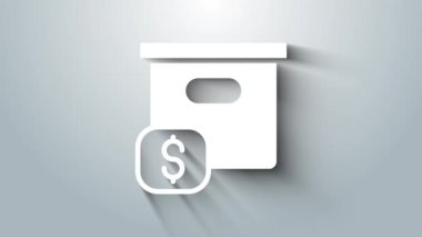 Gri arkaplanda fiyat etiketi simgesi olan beyaz karton kutu. Kutu, paket, paket işareti. Teslimat ve ambalaj. 4K Video hareketli grafik canlandırması