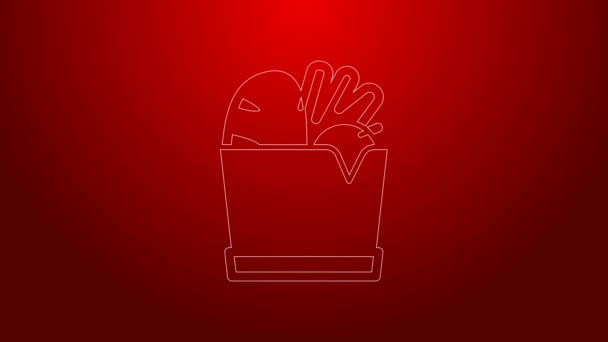 Zöld vonal Papír bevásárló táska és élelmiszer ikon elszigetelt piros háttérrel. Élelmiszerbolt, szupermarket. 4K Videó mozgás grafikus animáció — Stock videók