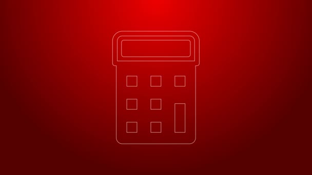 Icono de la calculadora de línea verde aislado sobre fondo rojo. Símbolo contable. Cálculos de negocio matemáticas educación y finanzas. Animación gráfica de vídeo 4K — Vídeos de Stock