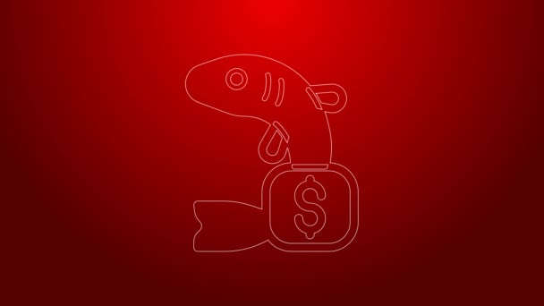 Línea verde Etiqueta de precio para el icono de pescado aislado sobre fondo rojo. Animación gráfica de vídeo 4K — Vídeos de Stock