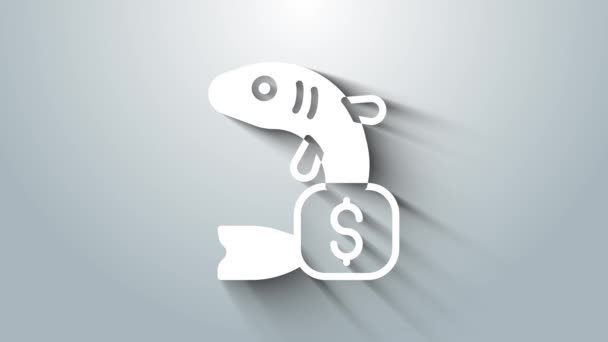 Biały Znacznik Cena dla ikony ryby izolowane na szarym tle. 4K Animacja graficzna ruchu wideo — Wideo stockowe