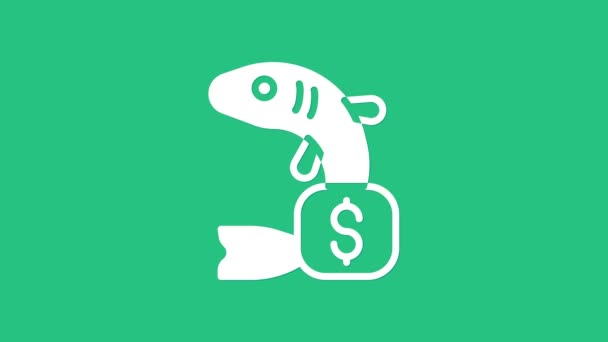 White Price tag for fish icon isolated on green background. 4K Video motion graphic animation — Stock Video