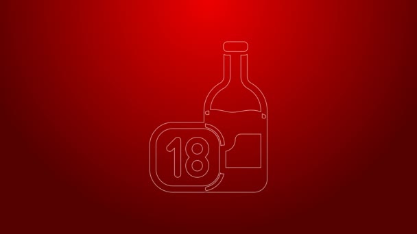 Green line Wine bottle icon isolated on red background. Age limit for alcohol. 4K Video motion graphic animation — Stock Video