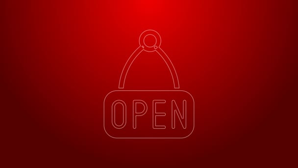 Green line Hanging sign with text Open door icon isolated on red background. 4K Video motion graphic animation — Stock Video