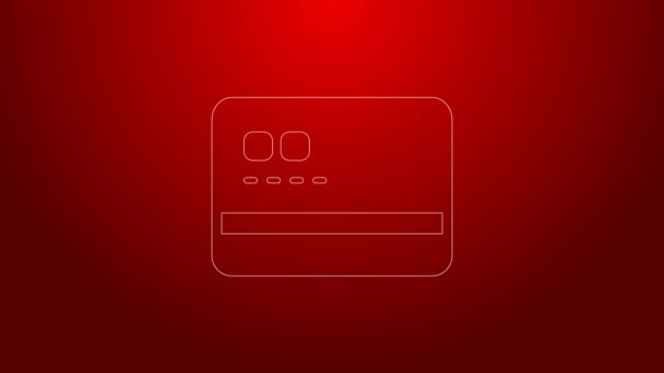 Línea verde Icono de tarjeta de crédito aislado sobre fondo rojo. Pago en línea. Retiro de efectivo. Operaciones financieras. Señal de compra. Animación gráfica de vídeo 4K — Vídeo de stock