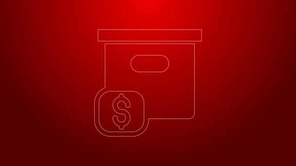 Zelená čára Papírová krabice s cenovkou ikona izolované na červeném pozadí. Krabice, balíček, balík. Dodávka a balení. Grafická animace pohybu videa 4K — Stock video