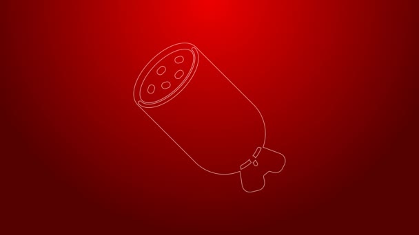 Green line Salami sausage icon isolated on red background. Meat delicatessen product. 4K Video motion graphic animation — Stock Video