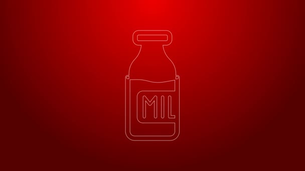 Πράσινη γραμμή Κλειστό γυάλινο μπουκάλι με εικονίδιο γάλακτος απομονώνονται σε κόκκινο φόντο. 4K Γραφική κίνηση κίνησης βίντεο — Αρχείο Βίντεο