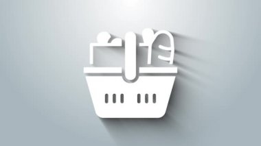 Beyaz alışveriş sepeti ve yiyecek ikonu gri arka planda izole edilmiş. Yiyecek dükkanı, süpermarket. 4K Video hareketli grafik canlandırması