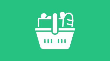 Beyaz alışveriş sepeti ve yiyecek ikonu yeşil arka planda izole edilmiş. Yiyecek dükkanı, süpermarket. 4K Video hareketli grafik canlandırması