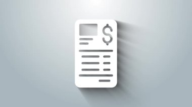 Gri arka planda beyaz kağıt ya da mali kontrol simgesi izole edildi. Kağıt baskı çeki, makbuz ya da fatura. 4K Video hareketli grafik canlandırması