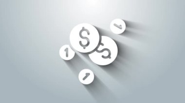 Gri arkaplanda dolar sembolü olan beyaz sikke parası. Bankacılık işareti. Para sembolü. 4K Video hareketli grafik canlandırması