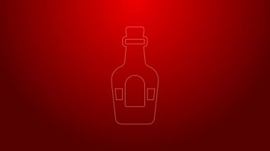 Kırmızı arka planda izole edilmiş yeşil çizgi alkollü rom şişesi ikonu. 4K Video hareketli grafik canlandırması