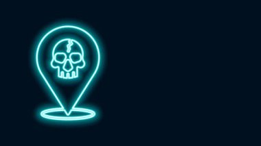 Parlayan neon hattı konum korsan simgesi siyah arkaplanda izole edildi. 4K Video hareketli grafik canlandırması