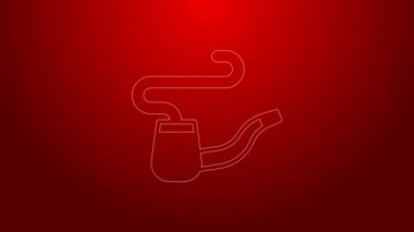 Yeşil çizgi üzerinde duman simgesi olan sigara piposu kırmızı arkaplanda izole edilmiş. Tütün piposu. 4K Video hareketli grafik canlandırması
