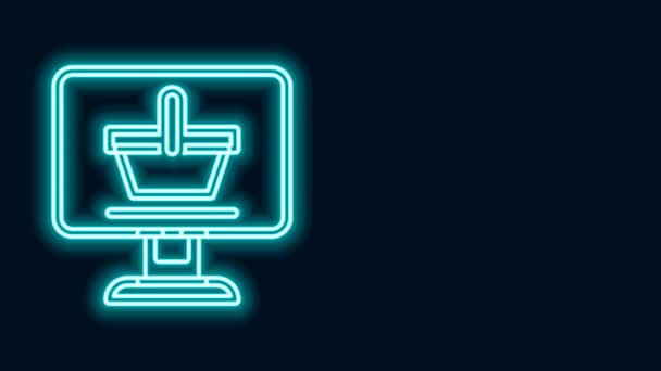 Świecąca neonowa linia Koszyk na ekranie ikony komputera odizolowany na czarnym tle. Koncepcja e-commerce, e-biznes, marketing internetowy. 4K Animacja graficzna ruchu wideo — Wideo stockowe