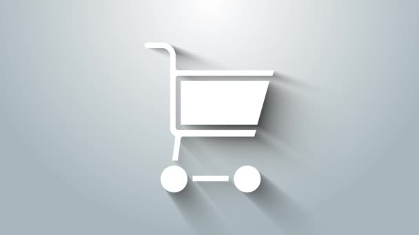 Ikona Bílého nákupního košíku izolovaná na šedém pozadí. Online nákupní koncept. Podpis doručovací služby. Symbol supermarketu. Grafická animace pohybu videa 4K — Stock video