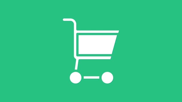 Значок White Shopping выделен на зеленом фоне. Концепция онлайн-покупки. Знак службы доставки. Символ супермаркета. Видеографическая анимация 4K — стоковое видео