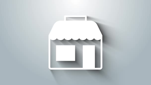 Білий магазин або ікона магазину, ізольована на сірому фоні. Побудова магазину. 4K Відеографічна анімація — стокове відео