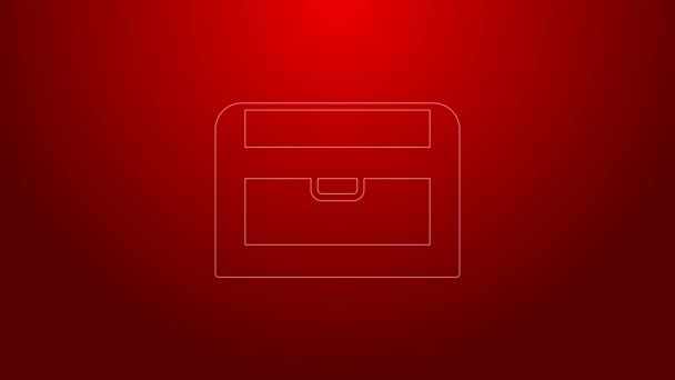 Green line Antique treasure chest icon isolated on red background. Vintage wooden chest with golden coin. 4K Video motion graphic animation — Stock Video