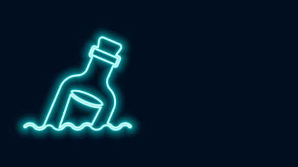 Glowing neon line Glass bottle with a message in water icon isolated on black background. Letter in the bottle. Pirates symbol. 4K Video motion graphic animation — Stock Video