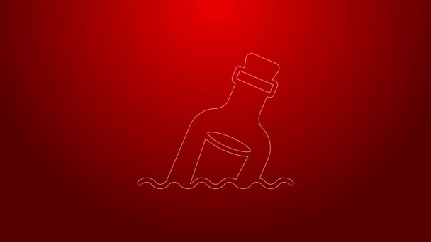 Groene lijn Glazen fles met een bericht in water pictogram geïsoleerd op rode achtergrond. Brief in de fles. Piraten symbool. 4K Video motion grafische animatie — Stockvideo