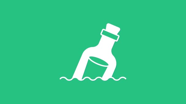 White Glass bottle with a message in water icon isolated on green background. Letter in the bottle. Pirates symbol. 4K Video motion graphic animation — Stock Video