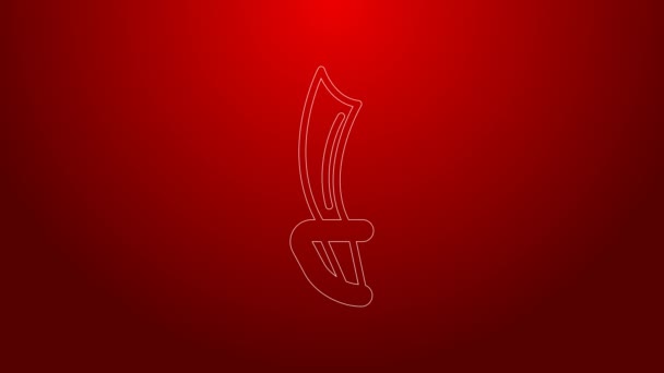 Green line Pirate sword icon isolated on red background. Sabre sign. 4K Video motion graphic animation — Vídeo de Stock