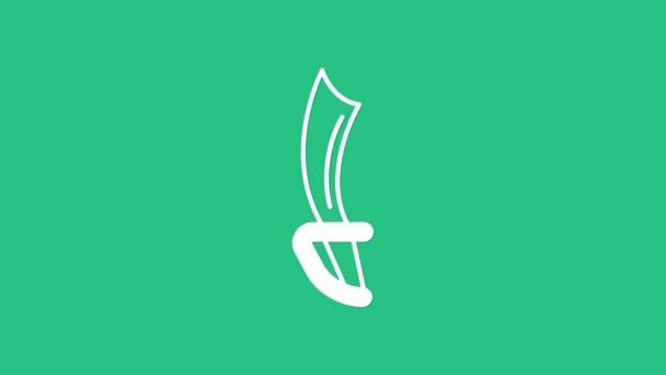 Icono de espada pirata blanca aislado sobre fondo verde. Signo de sable. Animación gráfica de vídeo 4K — Vídeo de stock