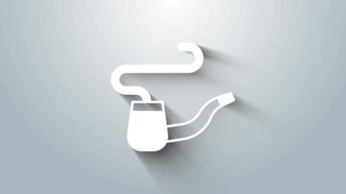 Gri arka planda duman simgesi olan beyaz sigara piposu. Tütün piposu. 4K Video hareketli grafik canlandırması