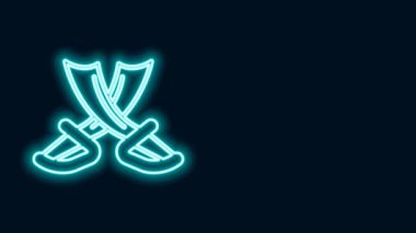 Parlayan neon hattı çapraz korsan kılıcı simgesi siyah arka planda izole edildi. Kılıç işareti. 4K Video hareketli grafik canlandırması