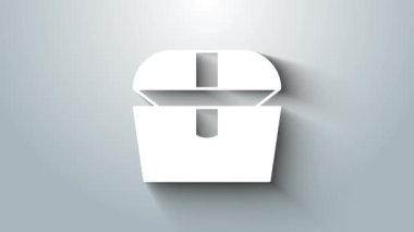 Gri arkaplanda beyaz antika hazine sandığı ikonu var. Altın sikkeli klasik tahta sandık. 4K Video hareketli grafik canlandırması