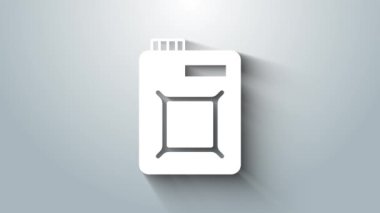 Motor makine yağı ikonu için beyaz teneke kutu gri arka planda izole edildi. Benzin bidonu. Yağ değiştirme ve onarım servisi. Motor yağı işareti. 4K Video hareketli grafik canlandırması