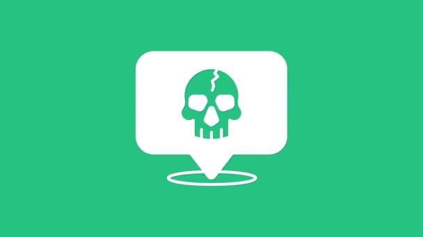 Vit dödskalle ikon isolerad på grön bakgrund. Piratkapten. Glad halloweenfest. 4K Video motion grafisk animation — Stockvideo