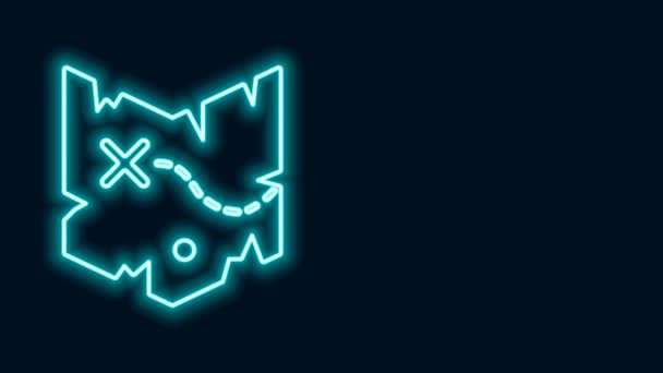 Žhnoucí neonové linie Pirátská mapa pokladu ikona izolované na černém pozadí. Grafická animace pohybu videa 4K — Stock video