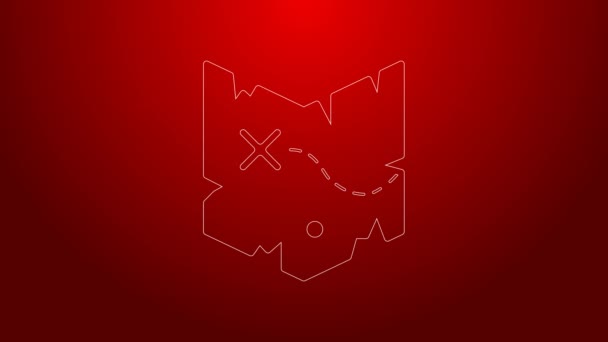 Green line Pirate treasure map icon isolated on red background. 4K Video motion graphic animation — Vídeo de Stock