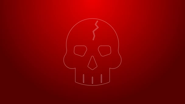 Línea verde Icono del cráneo aislado sobre fondo rojo. Capitán pirata. Feliz fiesta de Halloween. Animación gráfica de vídeo 4K — Vídeo de stock