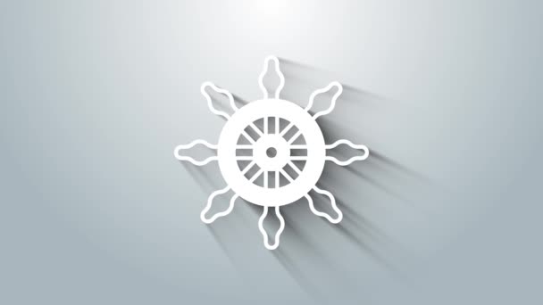 Biała ikona koła kierownicy statku izolowana na szarym tle. 4K Animacja graficzna ruchu wideo — Wideo stockowe