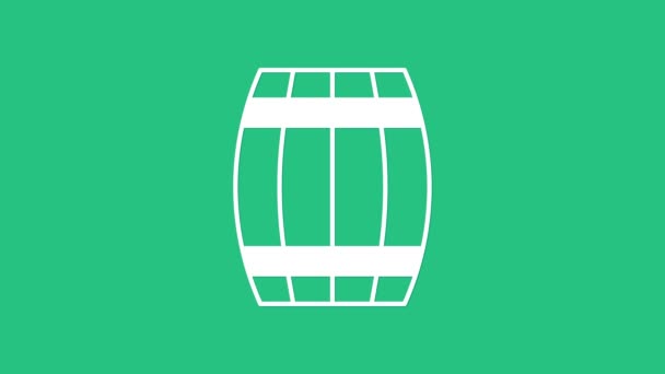 White Wooden barrel icon isolated on green background. Alcohol barrel, drink container, wooden keg for beer, whiskey, wine. 4K Video motion graphic animation — Stock Video