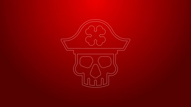 Línea verde Icono de capitán pirata aislado sobre fondo rojo. Animación gráfica de vídeo 4K — Vídeos de Stock