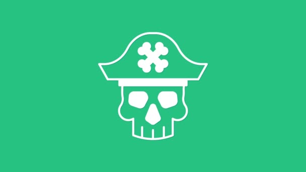 白色海盗船长图标孤立在绿色背景。4K视频运动图形动画 — 图库视频影像