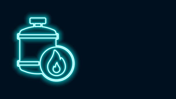 Línea de neón brillante Icono del tanque de gas propano aislado sobre fondo negro. Icono del tanque de gas inflamable. Animación gráfica de vídeo 4K — Vídeo de stock