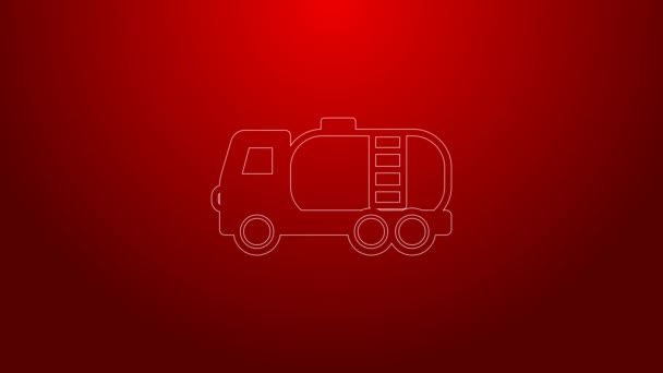 Grüne Linie Tankwagen-Symbol isoliert auf rotem Hintergrund. Öltanker, Benzin-LKW, Zisterne, Öl-Anhänger. 4K Video Motion Grafik Animation — Stockvideo