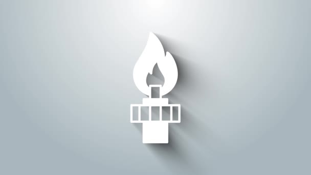 Plataforma de aceite blanco con icono de fuego aislado sobre fondo gris. Torre de gas. Objeto industrial. Animación gráfica de vídeo 4K — Vídeo de stock