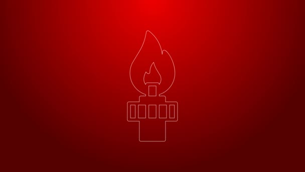 Línea verde Plataforma petrolífera con icono de fuego aislado sobre fondo rojo. Torre de gas. Objeto industrial. Animación gráfica de vídeo 4K — Vídeo de stock