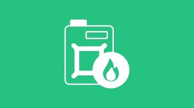 Yeşil arka planda izole edilmiş motor makine yağı simgesi için beyaz teneke kutu. Benzin bidonu. Yağ değiştirme ve onarım servisi. Motor yağı işareti. 4K Video hareketli grafik canlandırması