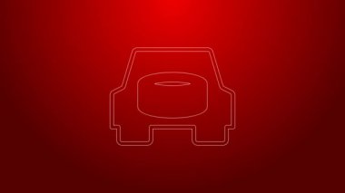 Kırmızı arkaplanda yeşil çizgili yedek tekerlek var. Tekerleği değiştirme işlemi. Bagajdaki yedek lastiğin yeri. 4K Video hareketli grafik canlandırması