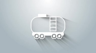 Beyaz Petrol Sarnıç simgesi gri arkaplanda izole edildi. Tren vagonundaki petrol tankı. Demiryolu nakliyesi. Petrol endüstrisi. 4K Video hareketli grafik canlandırması