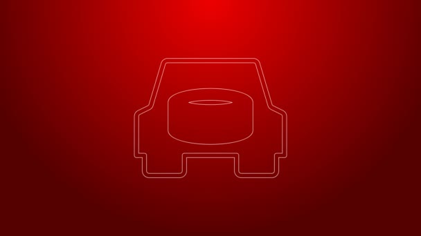 Zelená čára Náhradní kolo v ikoně vozu izolované na červeném pozadí. Proces výměny volantu. Skladovací místo náhradního kola v kufru. Grafická animace pohybu videa 4K — Stock video